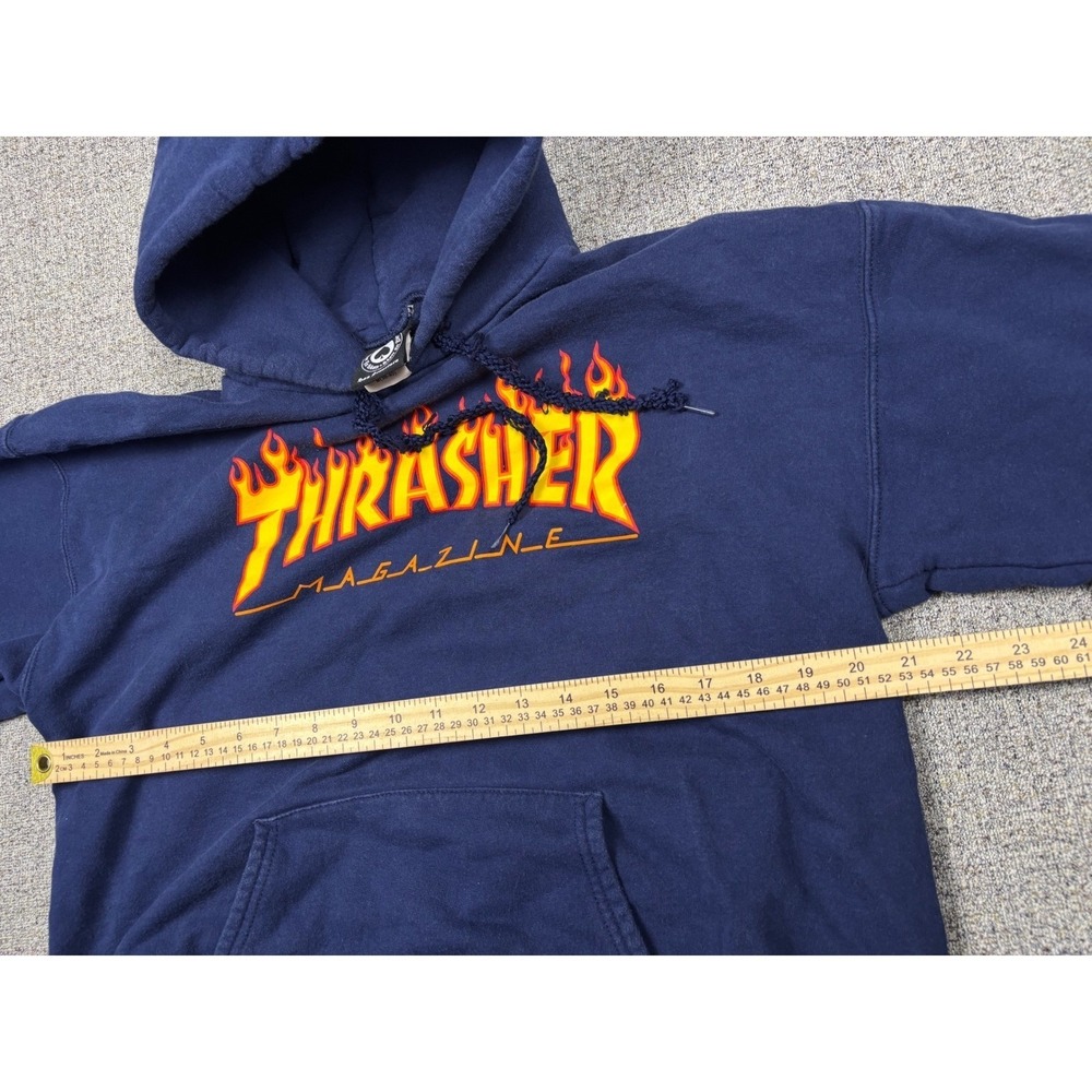 Thrasher Magazine Flame Logo Hoodie Mens Medium Navy Blue Skate Sweatshirt - Picture 5 of 8